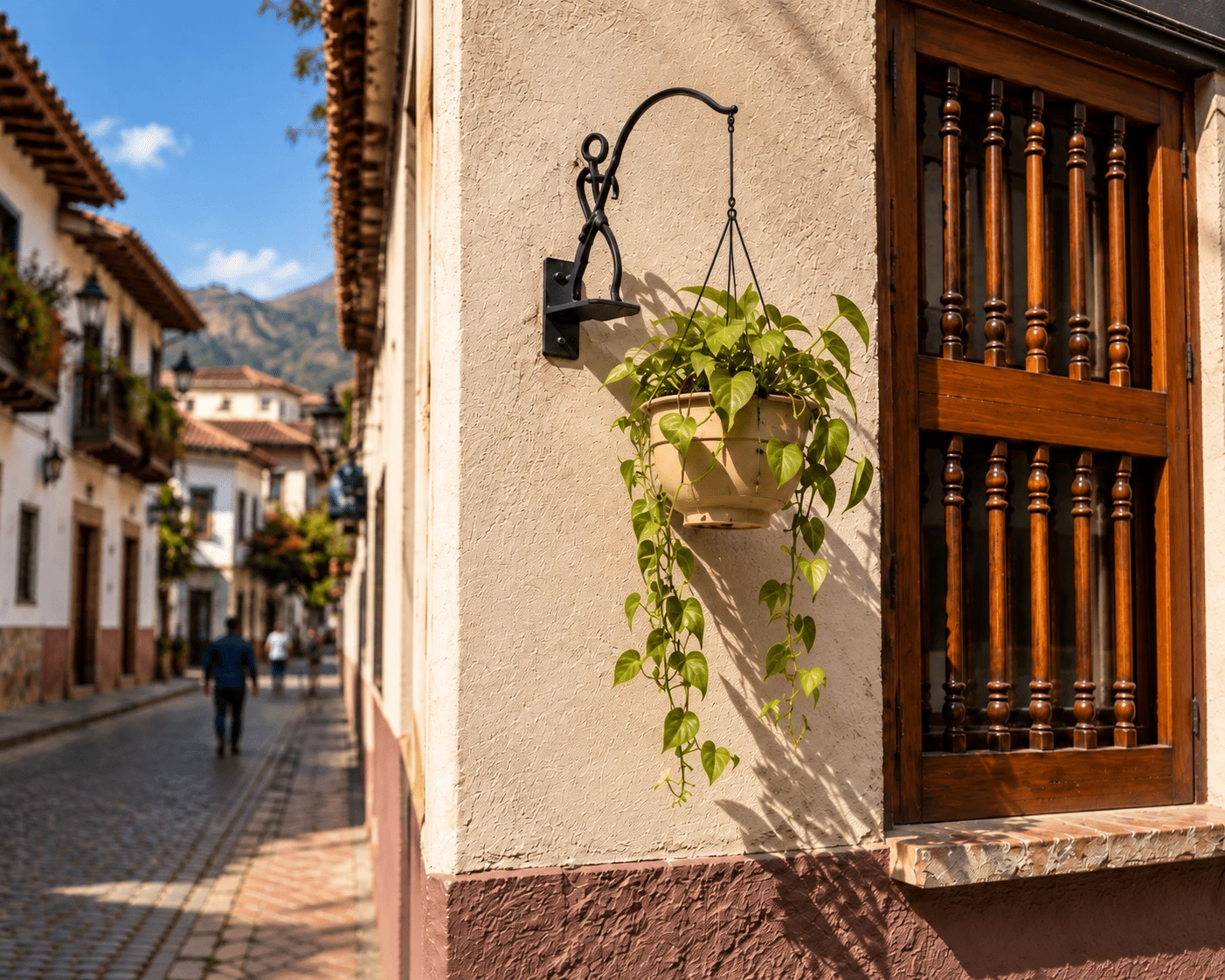 Fachada con un soporte ColgArte, una matera colgante y una planta