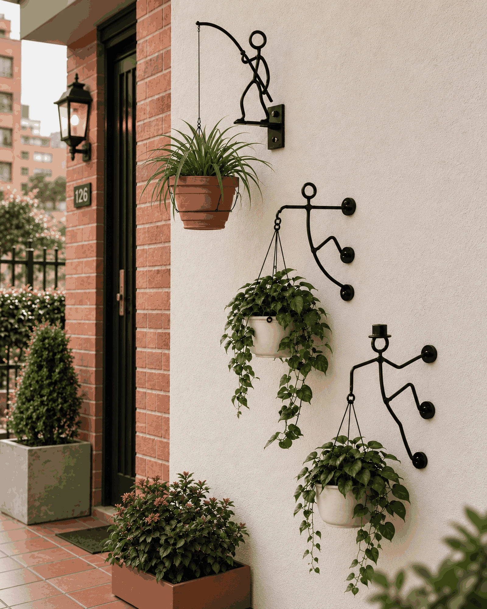 Soporte ColgArte instalado en un muro con una matera colgante y una planta