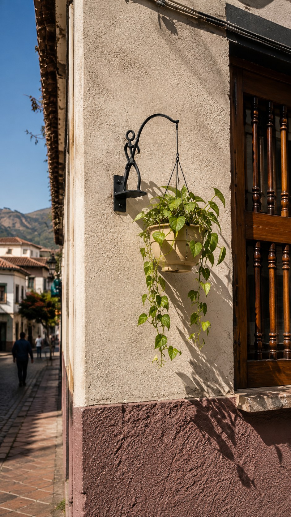 Fachada con un soporte ColgArte, una matera colgante y una planta