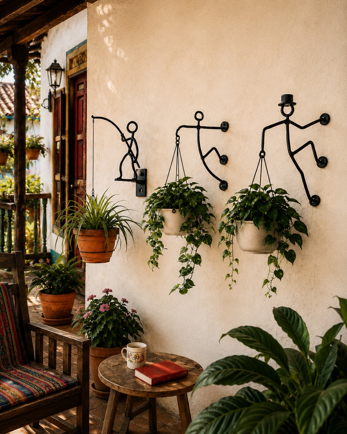 Tres soportes ColgArte —Pescador, Escalador y Sombrerero— con materas colgantes y plantas en un patio