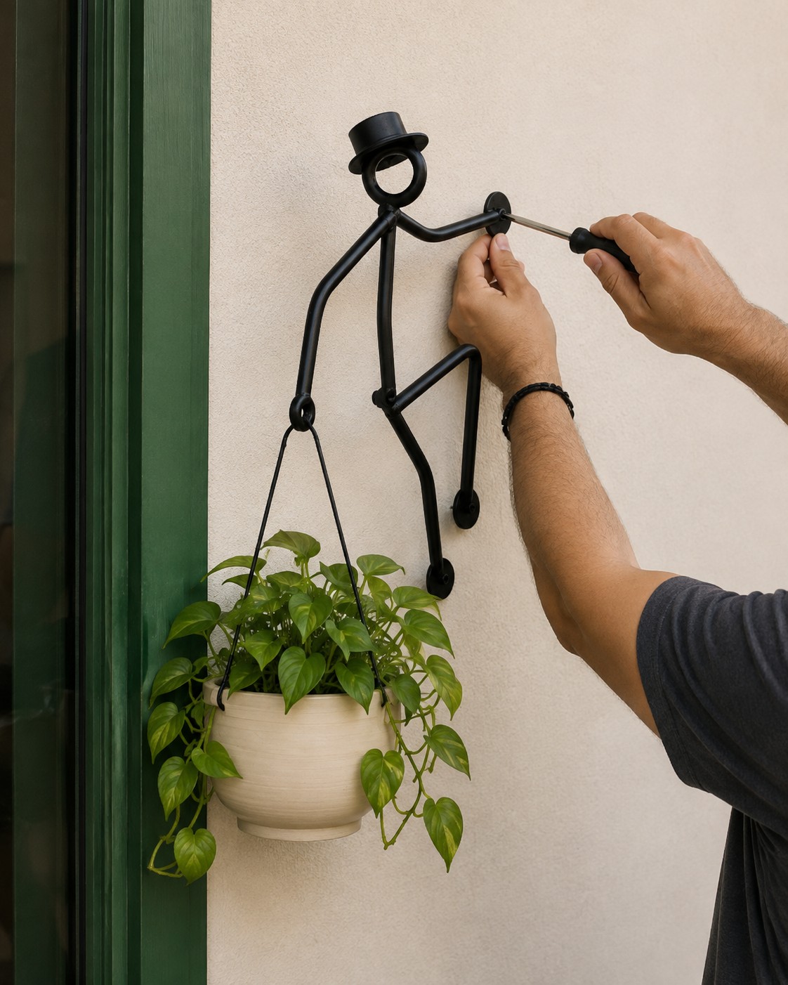 Persona instalando un soporte ColgArte en una pared clara